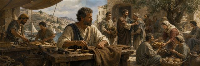 Paul sewing heavy cloth at a workbench while neighbors labor, distribute bread, and welcome a man back